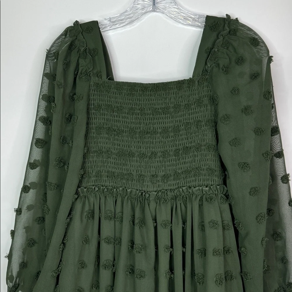 BTFBM Green Square Neck Smocked Swiss Dot Mini Boho Dress Size Small